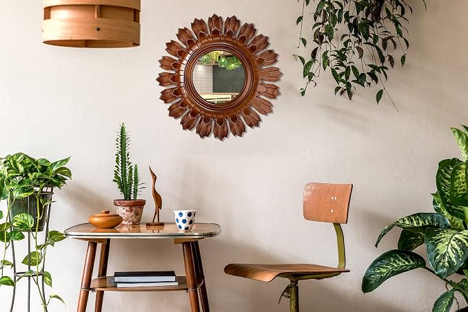 Wooden Wall Mirror, Rustic Wood Frame Mirror for Bathroom, Farmhouse, Bedroom, Entryway and Living Room, Modern Hanging Decorative Wall Mirror (Brown in Sunburst Shape)