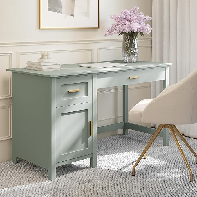 Martha Stewart Hutton Shaker Style Home Office Desk with Storage in Sage with Polished Brass Hardware