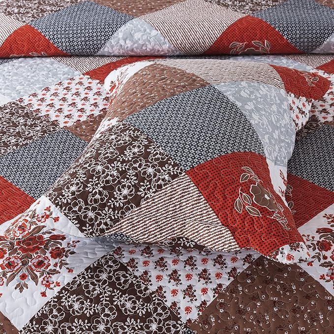 HoneiLife Quilt Set King Size - 3 Piece Microfiber Bedspread Reversible Coverlet Patchwork Bedding Set Lightweight Bedcover Floral Bedspreads All Season Quilts-Amaranth Red