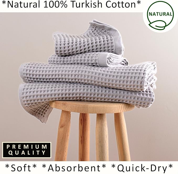 PÜSKÜL 4-Piece Natural 100% Turkish Cotton Luxury Waffle Towels for Bathroom | Premium Honeycomb Weave 2 Hand Towel & 2 Bath Towel Set | Soft Absorbent Quick-Dry Lightweight Towels (Gray)