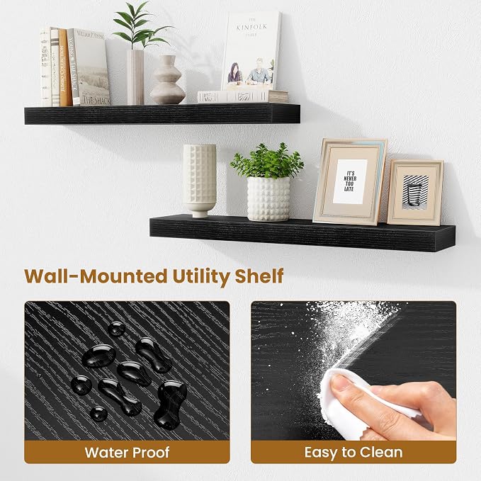 Fun Memories Floating Shelves 30 Inch, Wall Mounted Wood Shelf Set of 2, Farmhouse Decor for Bathroom, Bedroom, Kitchen, Living Room, Black