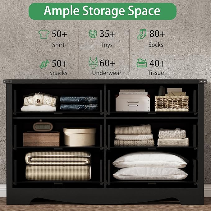 Dresser for Bedroom with 6 Drawers, 54" Wide Wood Chest of Drawers with Deep Drawers & Mental Handle, Modern Dresser TV Stand, Wooden Closet Storage Organizer for Living Room, Hallway, Entryway, Black