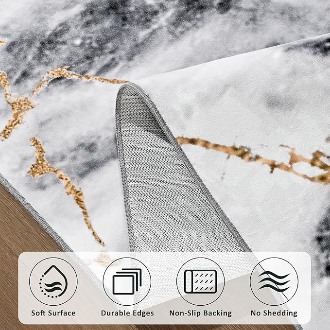 Merelax 4x6 Area Rug for Livingroom Bedroom - Washable Non-Slip Abstract Grey Rug, Indoor Floor Carpet Low Pile Soft Rug for Entryway, Mudroom, Kitchen, Modern Aesthetic Home Decor, Gray&Gold