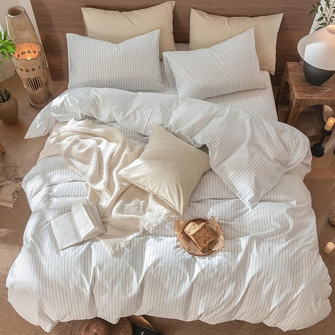 MooMee Striped Duvet Cover Set 100% Washed Cotton Linen Like Textured Breathable Durable Soft Comfy (White Cornflower Blue Wide Stripes, Super Queen 90"x98")