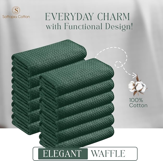 Forest Green Kitchen Dish Towels Set of 12-100% Cotton Waffle Weave, Super Absorbent, Soft, Quick Drying, 16x26 Inches, Ideal for Cleaning, Bar, Tea, and Everyday Use, Olive Green