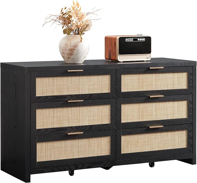 SICOTAS Rattan Dresser for Bedroom, 57" Wide 6 Drawer Dresser with Ample Storage, Wooden Dressers Large Chest of Drawers, Closet, Boho TV Stand for Bedroom (Black Oak, 1 Piece)
