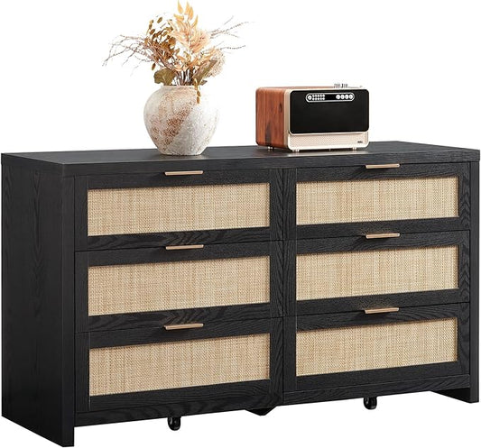 SICOTAS Rattan Dresser for Bedroom, 57" Wide 6 Drawer Dresser with Ample Storage, Wooden Dressers Large Chest of Drawers, Closet, Boho TV Stand for Bedroom (Black Oak, 1 Piece)