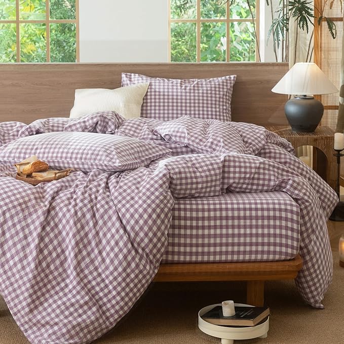 MooMee Gingham Duvet Cover Set 100% Washed Cotton Linen Like Textured Breathable Durable Soft Comfy Modern Checkered Design (Classic Gingham Light Purple, King 104"x90")