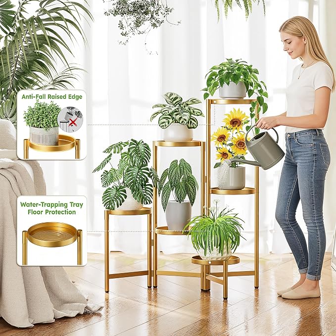 6 Tiered Plant Stand Indoor for Multiple Large Planter, Tall Heavy Duty Adjustable Folding Rack with Rustproof 7.9 Inch Wide Tray, Plant Shelf for Corner Living Room - GoldDisk