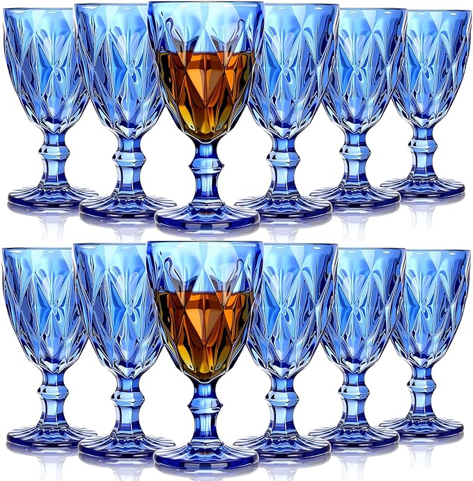 Yinder Glass Goblet Vintage Wine Goblet Embossed Glassware 10 oz Solid Color Glass Stemmed Cups for Iced Tea Beverage Soda Juice Water Liquor and Party Wedding Bars Restaurants (Blue,12 Pack)
