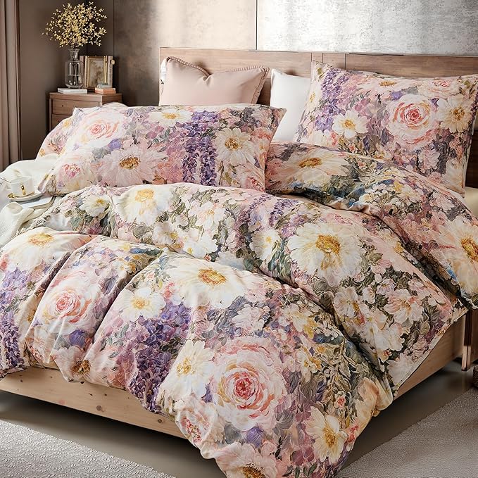 100% Cotton Duvet Cover Queen Size – Romantic Garden Impressionist Floral Duvet Cover Set with Zipper Closure, 3-Piece Luxury & Soft Bedding Set for All Seasons