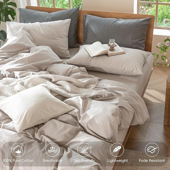 MooMee Bedding Duvet Cover Set 100% Washed Cotton Linen Like Textured Breathable Durable Soft Comfy (Solid Light Tan, Cal King 104"x98")