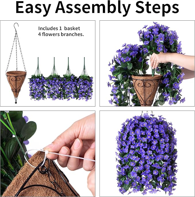 Artificial Fake Outdoor Hanging Flowers Plants Basket for Outside Porch Decoration, Fake Silk Purple Daisy Flower UV Resistant Look Real Orchid Traing Vines for Home Balcony Yard Patio Garden Decor