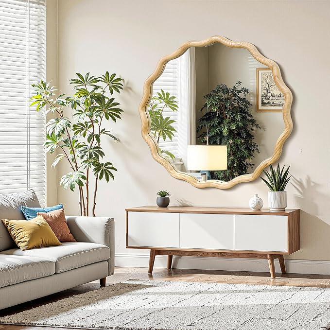 Circle Wood Mirrors for Wall, Wavy Round Bathroom Scalloped Mirror Wooden Frame 36 Inch for Living Room Farmhouse Bedroom Hallway Entryway Living Room with Shatterproof Glass Wall Mounted