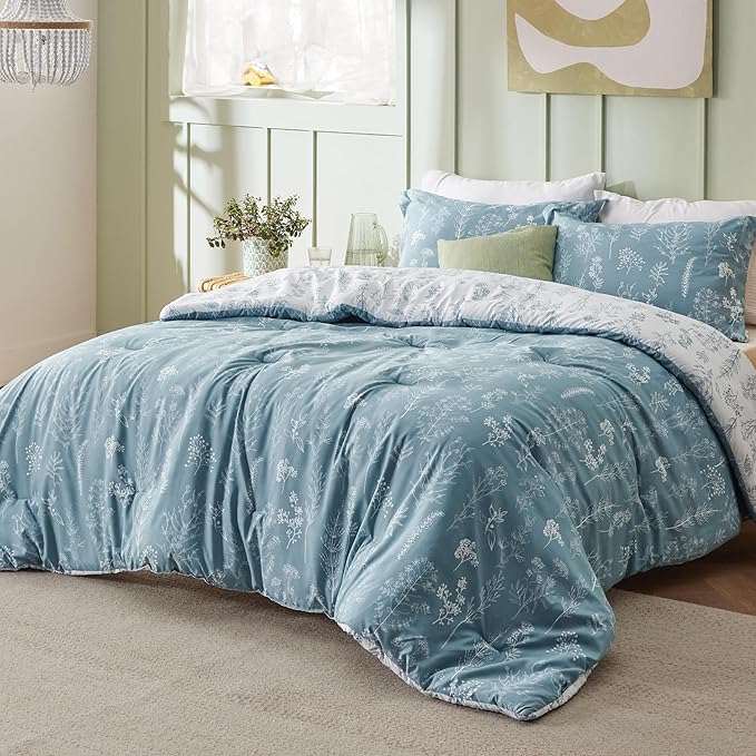 Bedsure California King Comforter Set - Mineral Blue Bed Set, 3 Pieces Cute Floral Bedding, 1 Soft Reversible Botanical Flowers Comforter and 2 Pillow Shams
