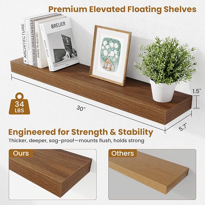 Fun Memories Floating Shelves 30 Inch, Wall Mounted Wood Shelf Set of 2, Farmhouse Decor for Bathroom, Bedroom, Kitchen, Living Room, Walnut