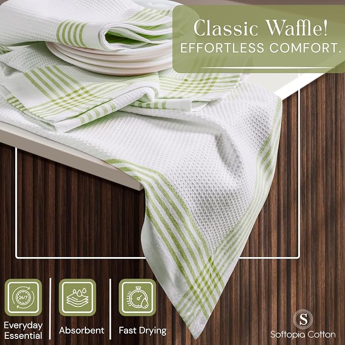 Waffle White & Lemon Green 12 Pack Kitchen Towels, 100% Cotton, 16x26 inches, Everyday Use Dish Cloths Set, Durable and Absorbent Hand Towel, Ideal for Drying Dishes, DIY Embroidery