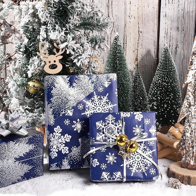 LeZakaa Christmas Wrapping Paper Bundle -Mini Roll with Bow, Ribbon, Sticker, Gift Tag -Navy with Silver Foil Design with Snowy Woodland Scenes/Snowflake/Tree-17x120 inches-3 Rolls (42.5sq.ft.ttl.)