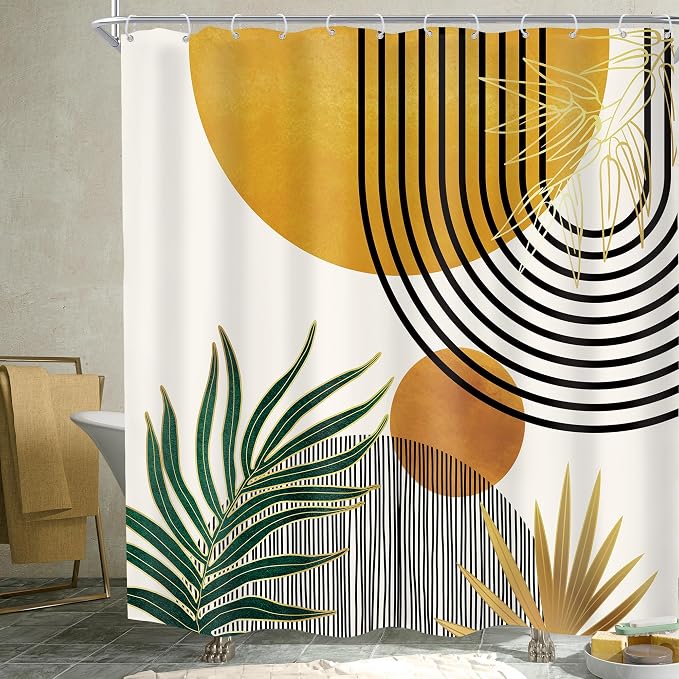 KOMLLEX Mid Century Boho Shower Curtain for Bathroom Decor Abstract Modern Sun Minimalist Aesthetic Arch Curve Leaves Geometric Yellow Gold Neutral Fabric Waterproof Polyester 12 Hook 72Wx72H