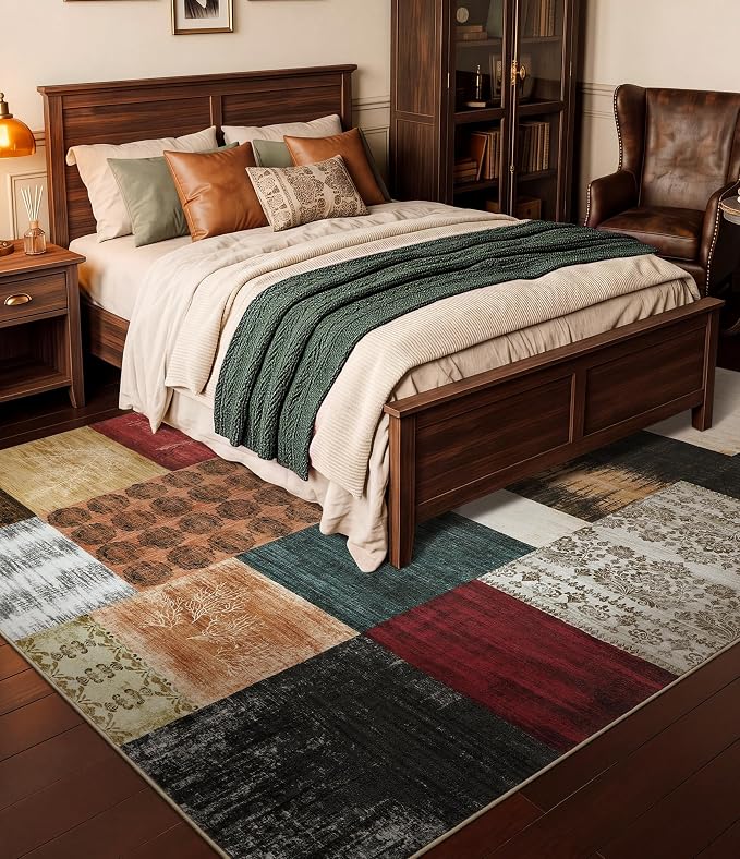 YIHOUSE Mid Century Modern Cowboy Area Rug 5x7 for Living Room,Retro Patchwork Rug Non Slip,Red and Brown Floral Farmhouse Rugs Washable, Geometric Boho Area Rug for Kitchen,Dining Room,Bedroom