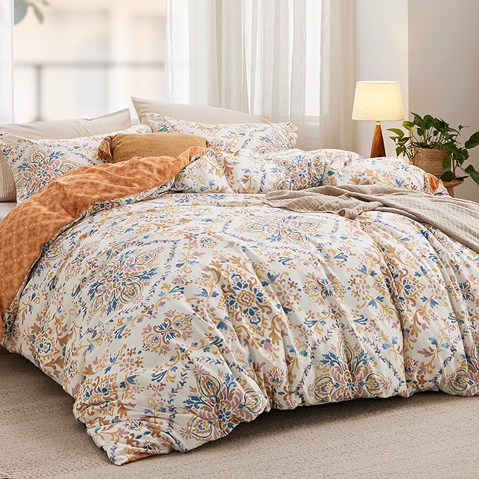 Bedsure Duvet Cover King Size - Reversible Floral Duvet Cover Set with Zipper Closure, 3 Pieces Bohemian Orange Bedding Set with 8 Corner Ties and 2 Pillow Shams 20"x36"
