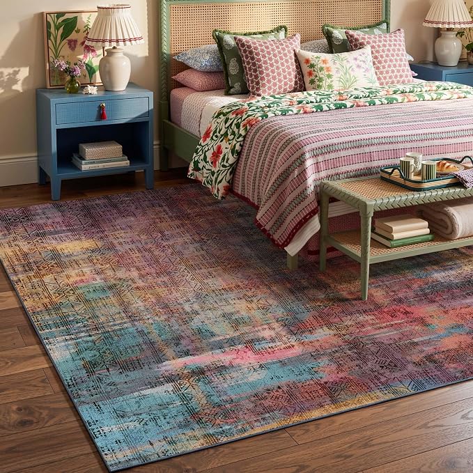 Kokia Abstract Area Rugs 8x10 Bedroom Soft Living Room Rugs Washable Distressed Vintage Comfy Brick Ochre Carpet with Non-Slip Backing for Farmhouse Home Office Room Decor, Oslo Cave