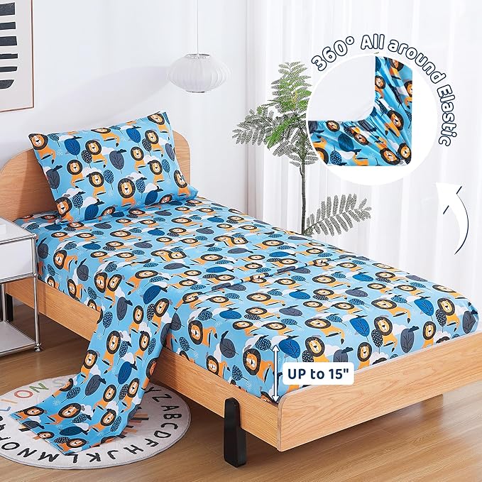 Viviland 3 Pieces Boys Blue Twin Sheet Set - Soft Microfiber Fitted Flat Sheets & Pillowcase - Lion Tree Bedding Sets - for Kids & Toddlers