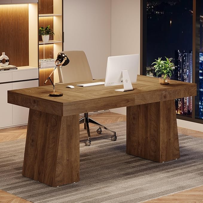 Tribesigns 55 Inches Executive Desk, Mid-Century Modern Home Office Desk, Wood Computer Table Business Workstation Small Conference Table, Light Brown