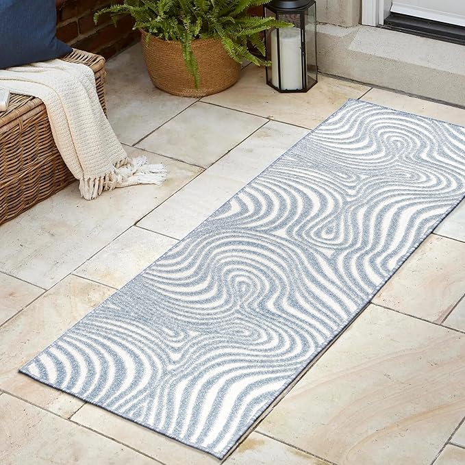JONATHAN Y Maribo High-Low Abstract Striped Indoor/Outdoor Runner Rug 2x8, Light Blue/Ivory, Contemporary, Vintage, Bohemian, Glam, Bedroom, Kitchen, Living Room, Non Shedding (SCN103C-28)