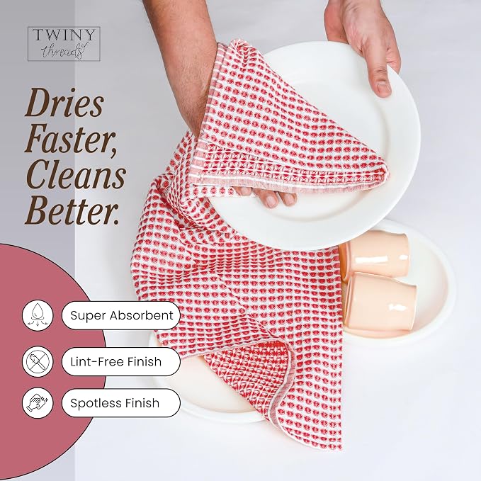 TWINY threads Circle Waffle Dish Towels 4 Pack, 16x26 Inches, 100% Cotton, Durable, Soft, Waffle Weave Hand Cloths, Heavy Duty Wash Rags for Kitchen, Bar, Household, Red