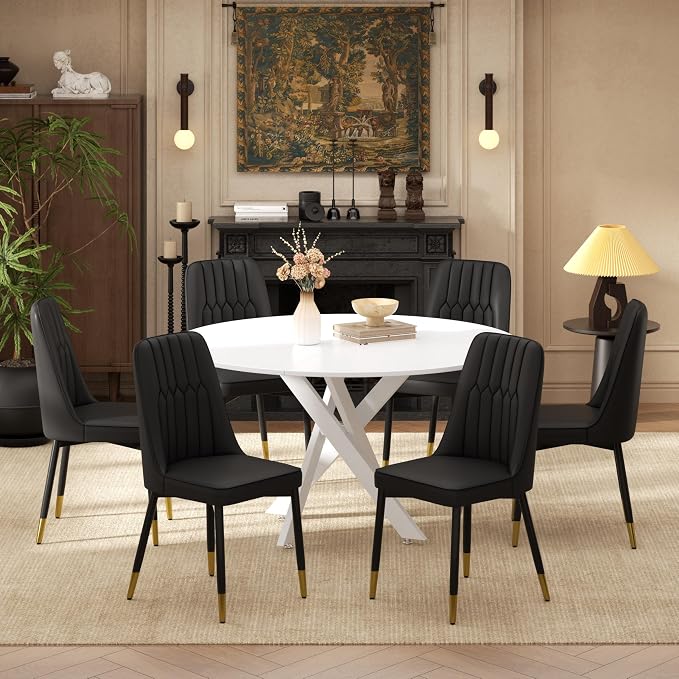 RGZ Mid Century White Round Dining Table Set for 6, 47" Large Wooden Circle Kitchen Table & 6 Black PU Leather Kitchen Chairs, Dinner Table Set for Home, Apartment, Dining Room