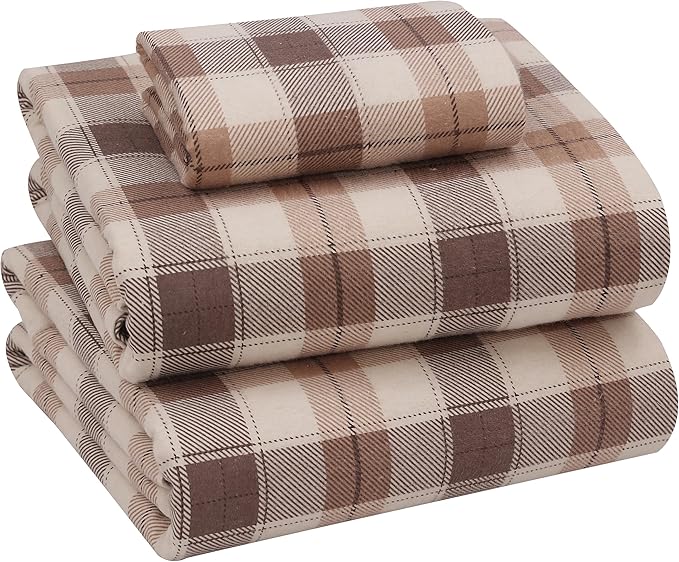 RUVANTI Flannel Sheets Twin XL Size - 100% Cotton Double Brushed Twin XL Sheet Sets, Deep Pockets 16 Inches, All Seasons Breathable & Extra Soft Bed Sheets, Warm & Cozy, 3 Piece, Beige & Grey Plaid