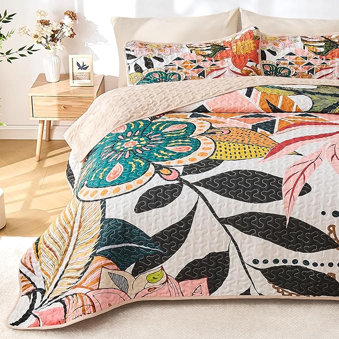 Quilt Set Twin Size, Boho Floral 2 Pcs Soft Bed Cover Bedding Set, Mid Century Flowers Lightweight Bedspread Coverlet with Pillow Sham for All Season