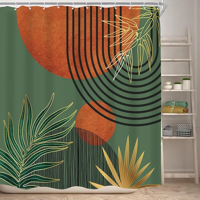 KOMLLEX Mid Century Green Orange Boho Shower Curtain for Bathroom Decor Abstract Modern Sun Minimalist Aesthetic Arch Curve Leaves Geometric Neutral Fabric Waterproof Polyester 12 Pack Hooks 72Wx72L