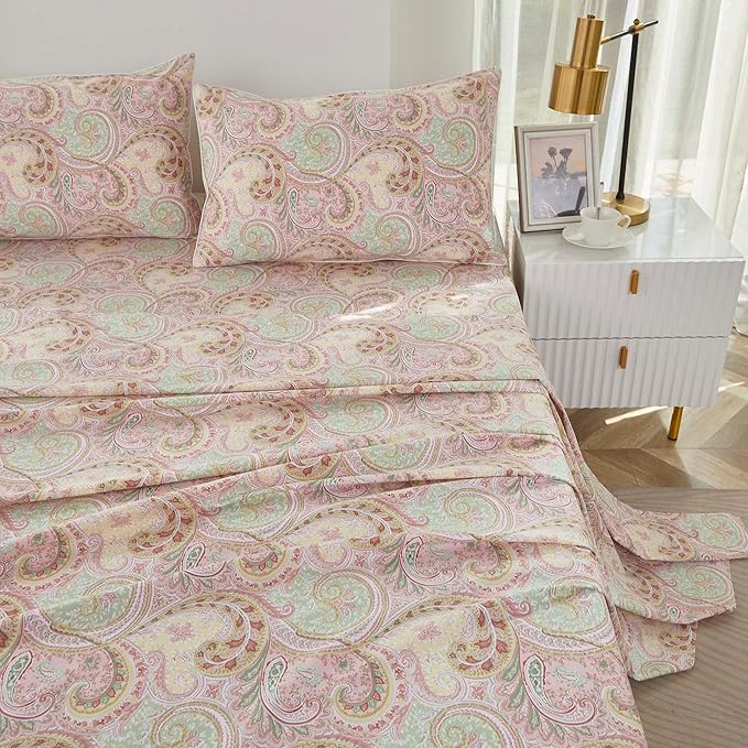 Brandream Boho Paisley Bedding Pink Elegant Watercolor Farmhouse Bed Sheets Set Queen Size Luxury Bedding Collections 800 Thread Count 100% Egyptian Cotton Deep Pocket, 4 Piece