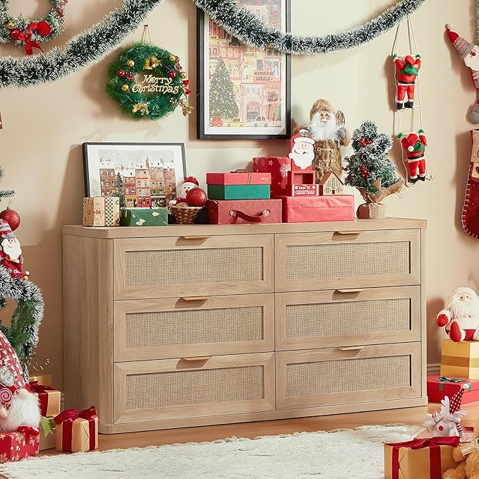 LEYAOYAO Rattan 6 Drawer Dresser for Bedroom, Boho 54" Wide Natural Wood Dresser Chest of Drawers, Dressers TV Stand with Metal Handle, Storage Dressers Closet Organizer for Living Room, Hallway