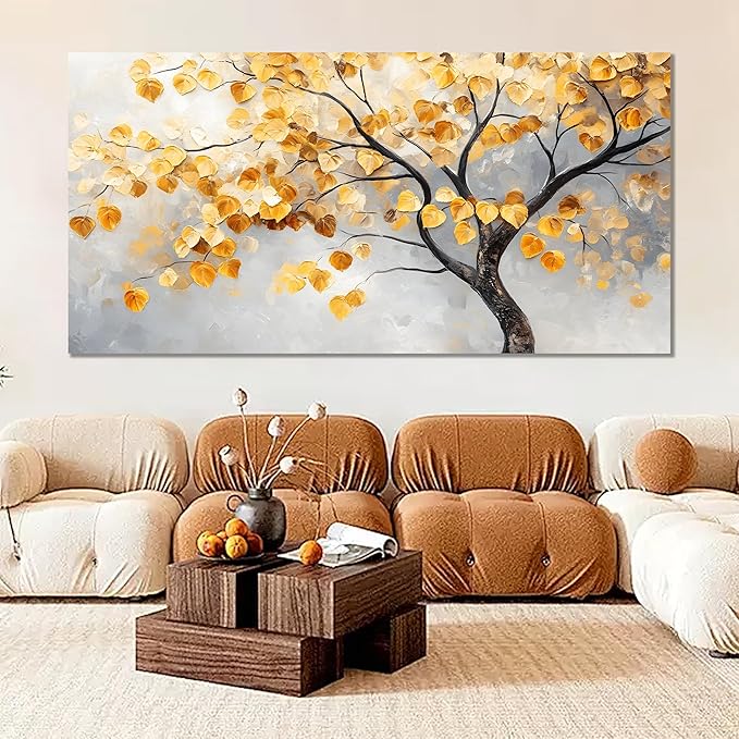 Tarfupth Gold Tree of Life Wall Art for Living Room Tree Leaves Large Artwork for Bedroom Office Kitchen Modern Canvas Prints 29x58 Inch