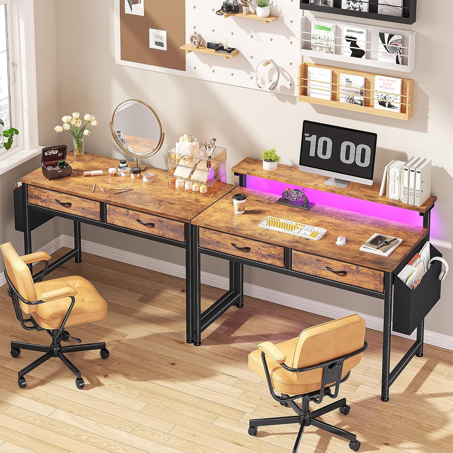 Skiennix Gaming Desk - LED Lights, 2 Drawers, Ergonomic Monitor Stand | Rustic Brown, 31.5 Inch