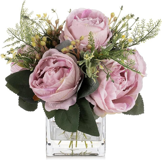 ENOVA FLORAL Artificial Flower Arrangement with Vase,Mixed Artificial Fake Silk Peony Flower in Vase for Decoration Home Office, Wedding Centerpiece (Light Pink)