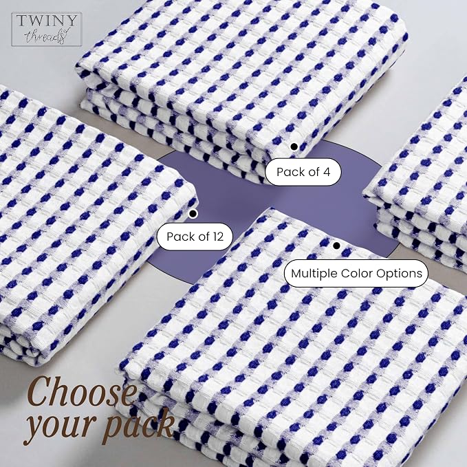 TWINY threads Waffle Kitchen Towels 4 Pack, 16x26 Inches Absorbent Waffle Weave Dish Cloth Set for Drying Dishes, Soft, Durable & Machine Washable Tea Towel, Quick Dry, Indigo Blue, White