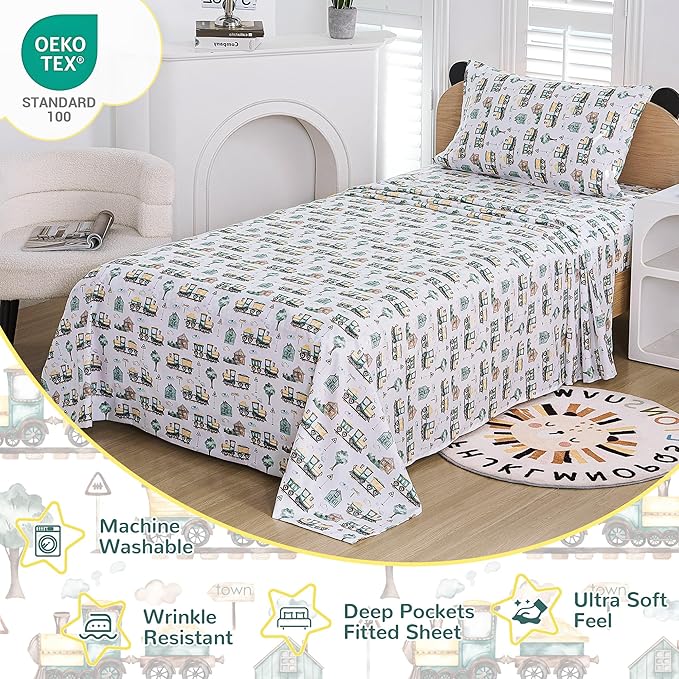 Viviland 3 Pieces Boys Brown Green Twin Sheet Set - Soft Microfiber Fitted Flat Sheets & Pillowcase - Country Train Town Bedding Sets - for Kids & Toddlers