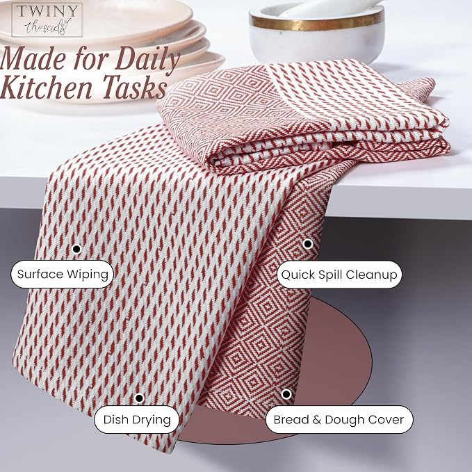TWINY threads Kitchen Towel Diamond Weave, Premium Kitchen Linen Set, Large 100% Cotton Dish Rags, Absorbent Quick Drying for Daily Use, Washable Reusable, Set of 4, 18x26 Inches, Rust