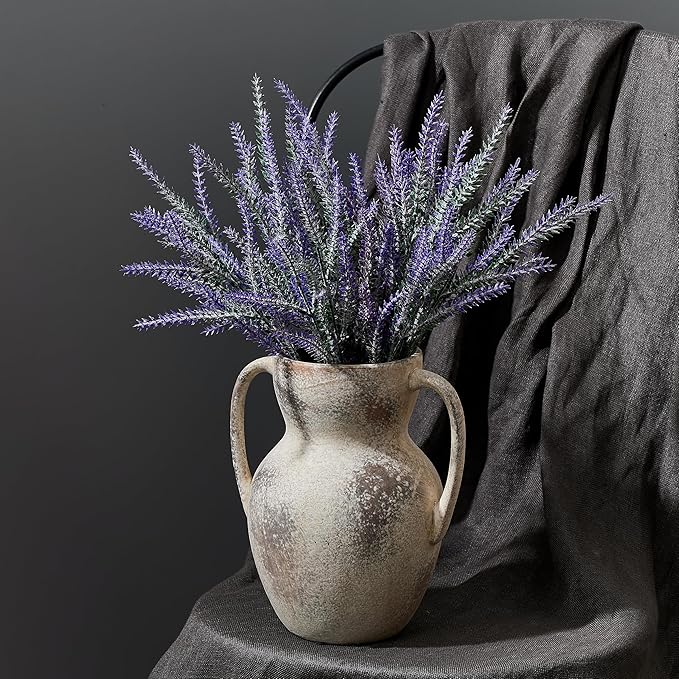 Antique Ceramic Rustic Vase with 2 Handles, Farmhouse Round Flower Vase, Vintage Terracotta Vases for Home Decor, Wedding, Living Room, Table, Shelf Decor - 8.6 Inch Tall, Terra
