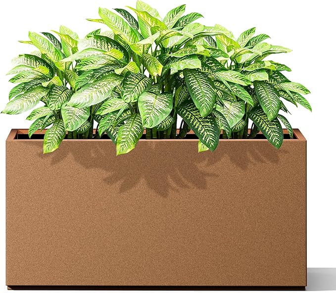 Metal Planter Box Rectangular Planter Box with Drainage Hole, Outdoor Large Planters, All-Weather Use, Rust-Resistance, for Flowers Plants, 32" L × 10" W × 16.3" H, Brown