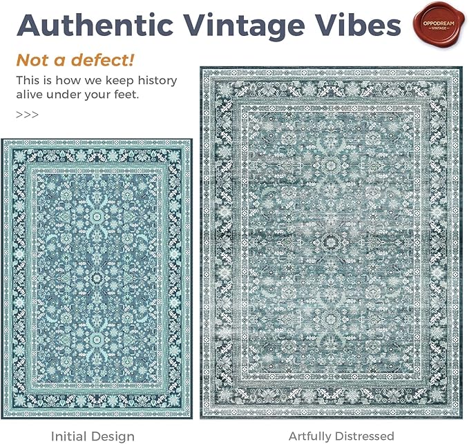 OPPODREAM Vintage Teal Round Rug 8ft, 8 ft Retro Washable Circle Rug Non Slip, Low-Pile Faux Wool Circular Carpet, Distressed Floor Mat for Living Room, Bedroom, Office, Dorm, Dinning Room