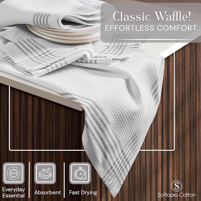 Waffle White & Grey Kitchen Towels 12 Pack, 100% Cotton, 16x26 inches, Quick Drying Dish Cloths, Absorbent Bar Mop Towels, Durable Kitchen Dishcloths Set for Daily Use