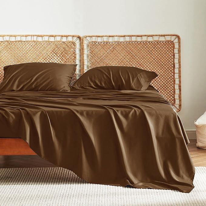 Bedsure Full Size Bed Sheets, Cooling Sheets, Rayon Derived from Bamboo, Breathable & Soft, Deep Pocket Up to 16 Inches, Hotel Luxury Silky Bedding for Hot Sleepers, Brown