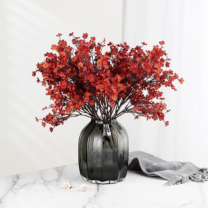 JAKY-Global Babys Breath Silk Artificial Flowers Bulk with Vase 10pcs Fall Decor Fake Flower Bouquet Bulk for Home Kitchen Indoor Arrangement Table Centerpieces Party Decor(Burnt Red Brown with Vase)