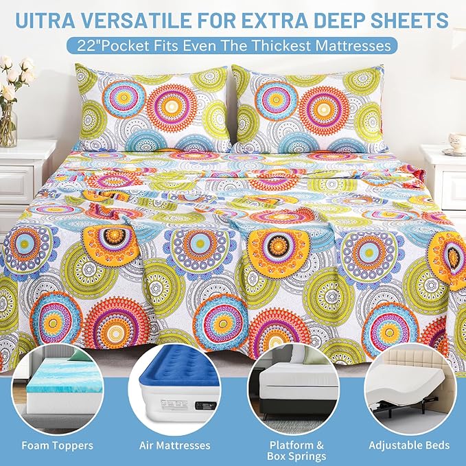 Bedlifes King Size Extra Deep Pocket Sheet Sets - Fits Mattresses Up to 18-24" Thick, 4-Piece Microfiber Set with 1800 Thread Count, Soft, Smooth, Breathable, Featuring Mandala Patterned