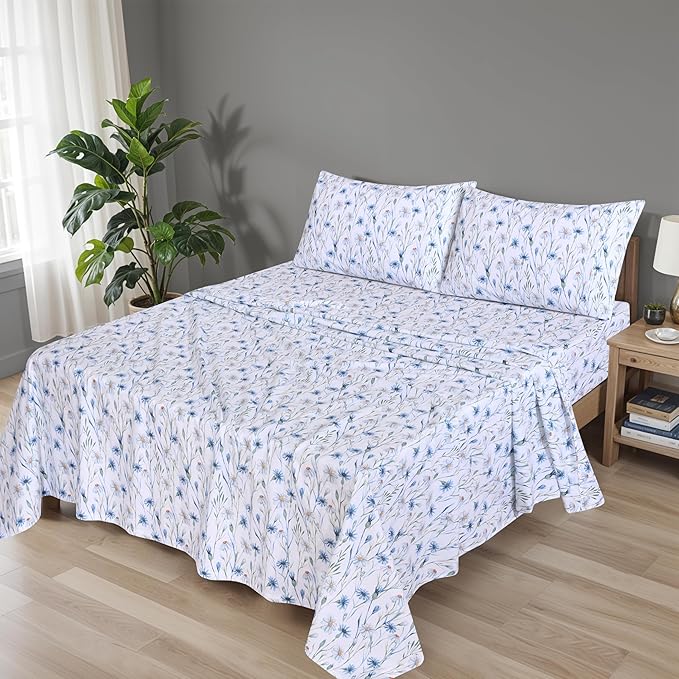 RUVANTI 100% Organic Cotton Sheets Queen Size, Percale Weave, GOTS Certified, 4-Piece Set, Deep Pocket 15", Crisp & Breathable, Soft Durable Bedding, Sábanas Algodón Orgánico – Daisy Bud